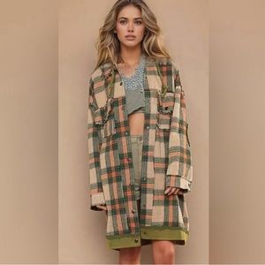 POL Hooded long plaid Shacket Green